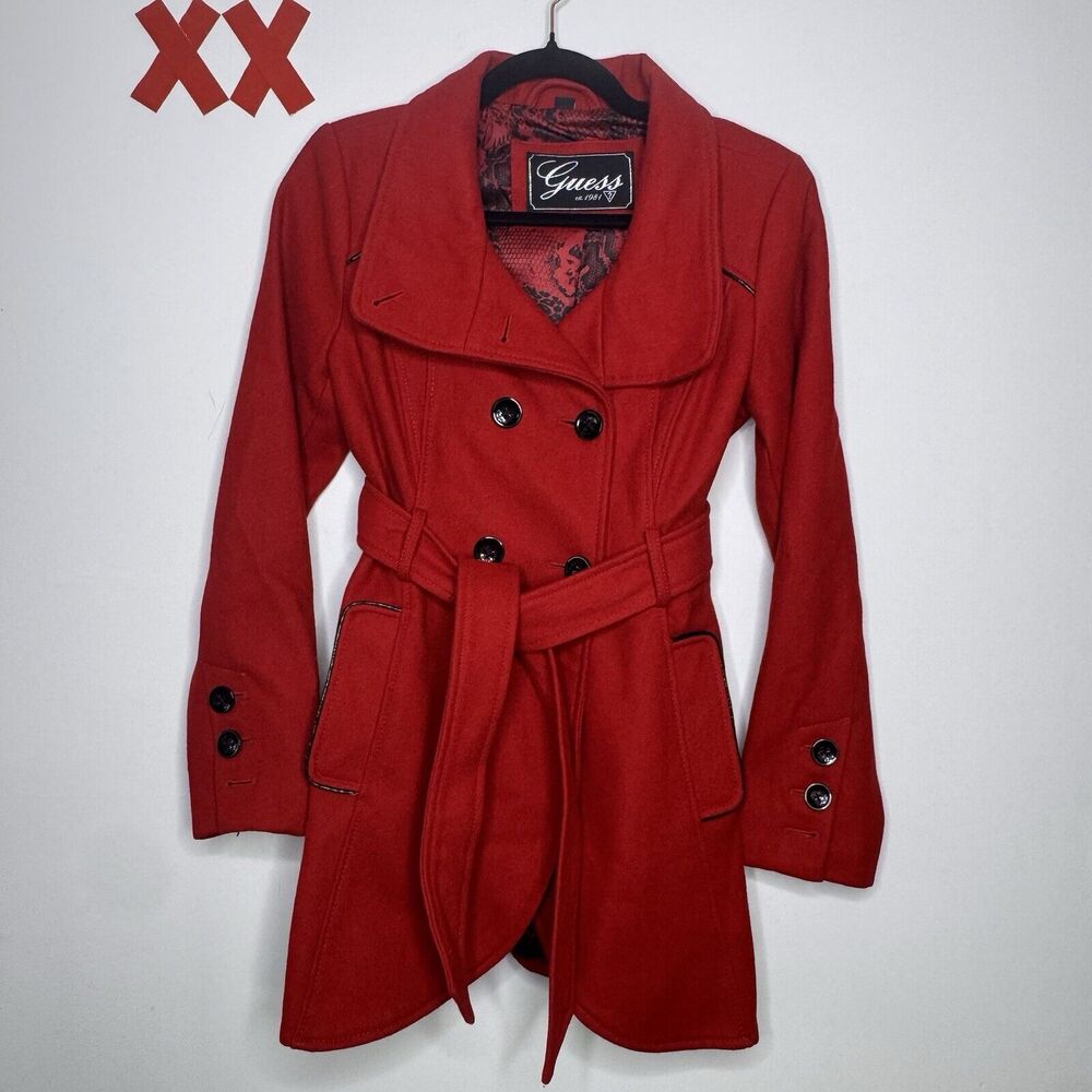 Vtg Y2K GUESS Red Wool Peacoat Double Breasted Jacket Indie Coat Twee Glam P S